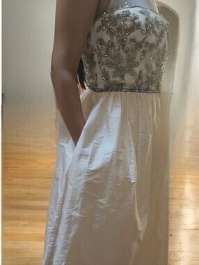 NWT Dress Silk JS Collections White Ivory Strapless Gown w Silver Beaded Bodice
